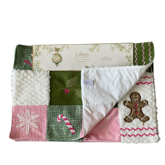 Lillian August Holiday Quilted Placemats 13x19 Set of 4 Gingerbread Candy Cane - Picture 6 of 15